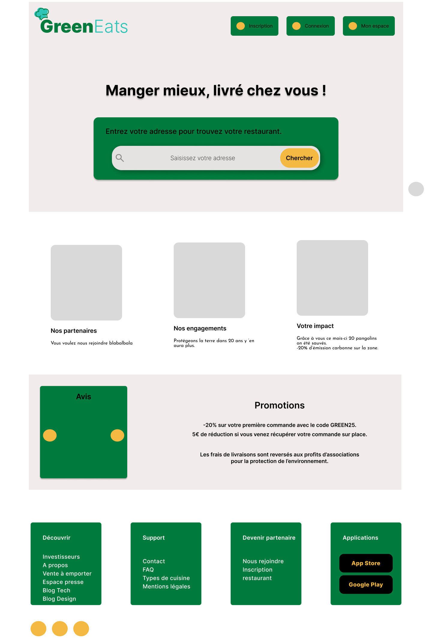 Maquette de la page d'accueil du site Green EATS sur ordinateur.